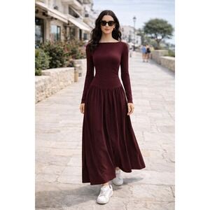 Commense Elegant Burgundy Long Sleeve Maxi Dress – Flowy A-Line Size XS